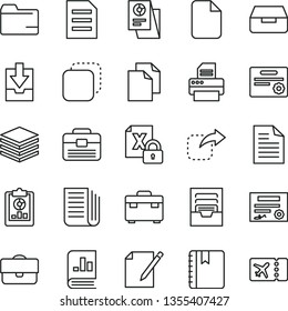 thin line vector icon set - clean paper vector, scribbled, folder, archive, download data, portfolio, suitcase, notebook, pile, drawer, notes, copy, move right, statistical overview, research, file