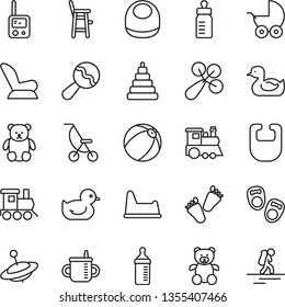 thin line vector icon set - mug for feeding vector, bottle, measuring, bib, baby, beanbag, rattle, car child seat, stroller, summer, rubber duck, duckling, bath ball, stacking toy, phone, a, small