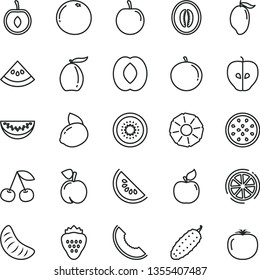 thin line vector icon set - cucumber vector, strawberry, cherry, peach, apricot, tasty apple, slice of melon, water, mango, loquat, half, tangerine, plum, yellow lemon, kiwi, passion fruit