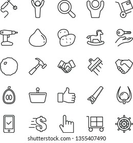thin line vector icon set - cargo trolley vector, magnifier, dollar, small rocking horse, drill, hand saw, spatula, hammer with claw, index finger, shipment, cabbage, fig, half loquat, physalis, up
