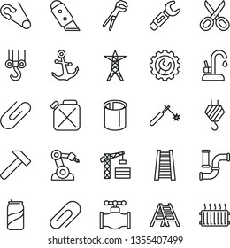 thin line vector icon set - scissors vector, clip, open pin, tower crane, hook, winch, adjustable wrench, stepladder, ladder, gear, knife, kitchen faucet, hammer, anchor, soda can, valve, power line