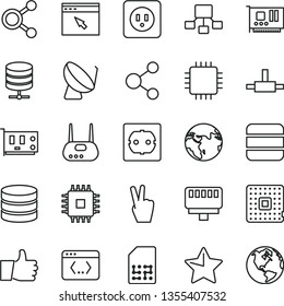 thin line vector icon set - power socket type b vector, f, star, thumb up, big data server, processor, satellite dish, SIM, connection, connections, hierarchical scheme, cpu, pc card, router, coding