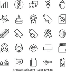 thin line vector icon set - add bookmark vector, minus, label, remove, negative histogram, question, toys over the cot, Hot Dog, birthday cake, melon, tamarillo, physalis, radish, jar, vintage sign