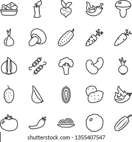 thin line vector icon set - onion vector, mushroom, porcini, lettuce in a plate, meat on skewers, cabbage, cucumber, tomato, chili, beet, garlic, carrot, mulberry, sweet date fruit, apple stub, hot