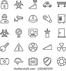 thin line vector icon set - warning vector, prohibition, open pin, bag of a paramedic, medical, workman, key, ntrance door, construction helmet, road fence, lock, radiation hazard, autopilot, winner