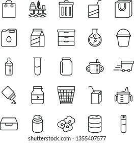 thin line vector icon set - wicker pot vector, bin, storage unit, mug for feeding, measuring cup, bottle, powder, baby, e, packing of juice with a straw, bucket, drawer, bag handles, package, barrel