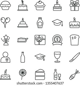 thin line vector icon set - tassel vector, colored air balloons, cake, birthday, square academic hat, Easter, muffin, piece of, slice, torte, lollipop, glass, bottle, gift, giftbox, star cup, ribbon