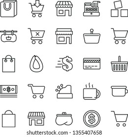 thin line vector icon set - paper bag vector, grocery basket, bank card, dollar, children's potty, cubes for children, cart, put in, crossed, with handles, stick of sausage, cup tea, kiosk, stall