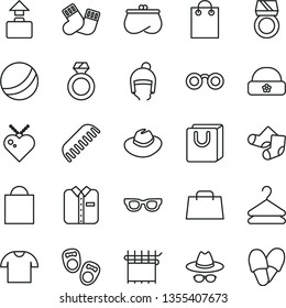 thin line vector icon set - paper bag vector, hat, with glasses, bath ball, comb, warm socks, Knitted, shoes for little children, winter, handles, T shirt, folded, hanger, cloth industry, purse