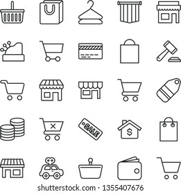thin line vector icon set - paper bag vector, grocery basket, bank card, hammer of a judge, motor vehicle present, cart, crossed, with handles, kiosk, coins, hanger, label, stall, shopping, wallet