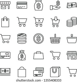thin line vector icon set - paper bag vector, grocery basket, bank card, cart, put in, crossed, with handles, cards, kiosk, coins, stall, shopping, front of the, column, dollar, get a wage, money