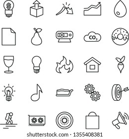 thin line vector icon set - paper bag vector, clean sheet of, dwelling, drop, unpacking, cake slice, glazed with a hole, glass, pear, half kiwi, radish, light bulb, CO2, crisis, gpu card, web camera