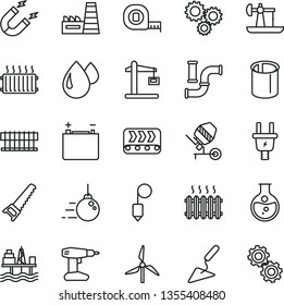 thin line vector icon set - big core vector, building trowel, concrete mixer, drill, hand saw, measuring tape, plummet, commercial seaport, oil derrick, round flask, windmill, water pipes, conveyor