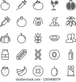 thin line vector icon set - mark of injury vector, women, measuring cup for feeding, bottle, temperature, Hot Dog, a plate milk, tomato, cocktail, jar jam, mint, half apricot, pomegranate, bananas