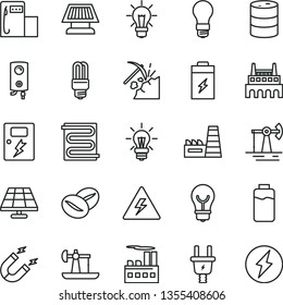 thin line vector icon set - danger of electricity vector, dangers, heating coil, boiler, bulb, coffee beans, charge level, charging battery, solar panel, oil derrick, working, coal mining, barrel