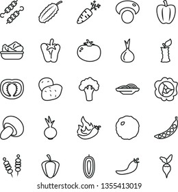 thin line vector icon set - fried vegetables on sticks vector, slices of onion, porcini, lettuce in a plate, meat skewers, cabbage, tomato, peper, beet, squash, sweet date fruit, apple stub, half