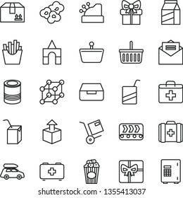 thin line vector icon set - grocery basket vector, first aid kit, bag of a paramedic, medical, e, packing juice with straw, box bricks, received letter, drawer, cardboard, package, shipment, tin