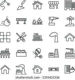 thin line vector icon set - house vector, big core, building trowel, concrete mixer, small tools, cordless drill, level, buildings, tile, block, road fence, home, kiosk, manufacture, factory, forest