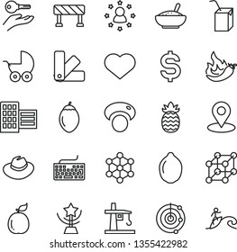 thin line vector icon set - heart symbol vector, keyboard, hat, baby stroller, packing of juice with a straw, color samples, city block, traffic signal, bowl rice porridge, lime, tamarillo, guava