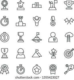 thin line vector icon set - stopwatch vector, racer, winner, pedestal, podium, prize, award, cup, gold, star, reward, man with medal, flag, motivation, mountain, target, first place, pennant, tennis