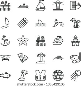 thin line vector icon set - anchor vector, fish, sea port, commercial seaport, lighthouse, coastal, planet, sand castle, sail boat, hotel, beach, palm tree, starfish, flippers, diving mask, surfing