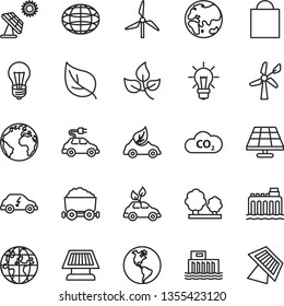 thin line vector icon set - sign of the planet vector, paper bag, solar panel, big, leaves, leaf, windmill, wind energy, Earth, bulb, hydroelectric station, hydroelectricity, trees, eco car, CO2
