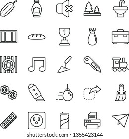 thin line vector icon set - baby toy train vector, big core, gears, building trowel, window frame, plastic brush, suitcase, washbasin, knife, stationery, no sound, move right, loaf, soda can, bottle