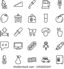 thin line vector icon set - screen vector, crossed cart, Hot Dog, popsicle, pear, ripe peach, coconut, mashroom, gas station, space rocket, think, test tube, microscope, pipette, robot, stairway