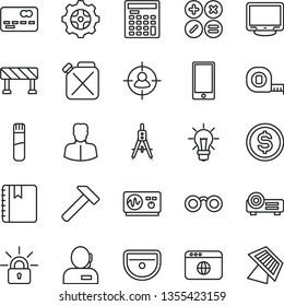 thin line vector icon set - measuring tape vector, sink, traffic signal, hammer, notebook, smartphone, math actions, gear, canister, compasses, woman, man in sight, front of the bank card, dollar