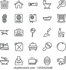 thin line vector icon set - cradle vector, beanbag, bath, deep plate with a spoon, building trowel, portfolio, comfortable toilet, saving light bulb, construction level, dust bin, passport, car