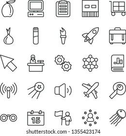 thin line vector icon set - cargo trolley vector, calendar, case, volume, loquat, onion, book on statistics, computer, usb, wireless, cursor, test tube, glasses, gears, clipboard, 3d cube, rocket