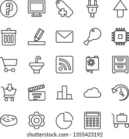 thin line vector icon set - monitor window vector, upward direction, add label, rss feed, movie cracker, pie chart, bar, question, cogwheel, washbasin, drawing, dust bin, nightstand, put in cart