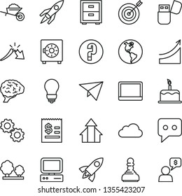thin line vector icon set - bedside table vector, question, garden trolley, bulb, strongbox, cake, planet Earth, trees, a crisis, article on the dollar, think, computer, notebook pc, usb flash, pawn