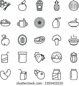 thin line vector icon set - mug for feeding vector, e, packing of juice with a straw, package, glazed cake hole, bowl rice porridge, in saucepan, plate fruit, bacon, sushi set, cup popcorn, jam, jar