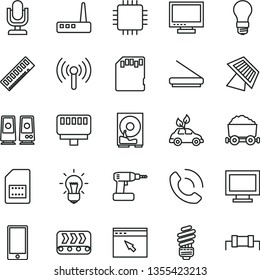 thin line vector icon set - desktop microphone vector, monitor, window, cordless drill, saving light bulb, smartphone, phone call, conveyor, environmentally friendly transport, SIM card, cpu, memory