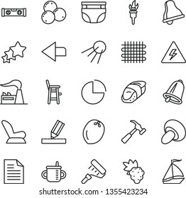 thin line vector icon set - danger of electricity vector, bell, left direction, scribbled paper, pie chart, mug for feeding, nappy, car child seat, a chair, paint roller, building level, drawing