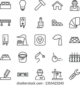 thin line vector icon set - house vector, workman, brick wall, paint bucket, sample of colour, wooden brush, bulb, power socket type b, building level, drawing, block, paving slab, pavement, boiler