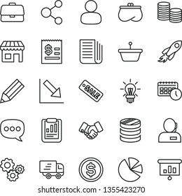 thin line vector icon set - negative chart vector, kiosk, pan, briefcase, connection, man, space rocket, gears, coins, column of, statistical report, pencil, dollar, article on the, handclasp, purse