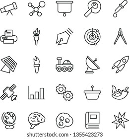 thin line vector icon set - chili vector, omelette, pan, printer, telescope, molecule, brain, gears, satellite, book, pipette, globe, drawing compass, artifical insimination, growth graph, radar