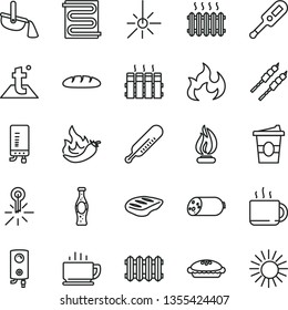 thin line vector icon set - electronic thermometer vector e, mercury, heating coil, temperature, radiator, new, boiler, coffee, sausage, loaf, pie, chop, barbecue, cup of tea, coffe to go, outdoor