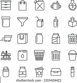 thin line vector icon set - wicker pot vector, bin, storage unit, mug for feeding, measuring bottle, powder, packing of juice with a straw, bucket, dust, drawer, bag handles, package, unpacking, jam