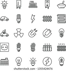 thin line vector icon set - matte light bulb vector, saving, power socket type f, lightning, heating coil, radiator, new, boiler, electronic, a bowl of buckwheat porridge, hydroelectric station