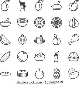 thin line vector icon set - mug for feeding vector, a chair child, loaf, burger, bowl of buckwheat porridge, rice, lettuce in plate, chicken leg, cucumber, apple, orange slice, pancakes, ripe peach