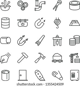 thin line vector icon set - open pin vector, tower crane, hook, adjustable wrench, hand saw, ntrance door, knife, paving slab, hammer, with claw, coins, canned goods, water pipes, barrel, magnet