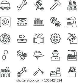 thin line vector icon set - workman vector, concrete mixer, power socket type b, helmet, plummet, gear, hammer, sea port, coal mining, valve, factory, hydroelectric station, industrial building