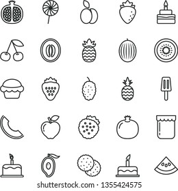 thin line vector icon set - cake vector, birthday, lollipop, popsicle, jam, strawberry, strawberries, a pineapple, apple, biscuit, cherry, pomegranate, half, red, raspberry, mulberry, melon, mango