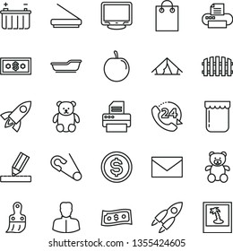 thin line vector icon set - envelope vector, open pin, bath, teddy bear, small, plastic brush, drawing, fence, 24, jam, tasty plum, battery, woman, dollar, bag, monitor, printer, scanner, rocket