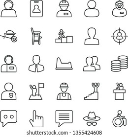 thin line vector icon set - image of thought vector, woman, women, hat with glasses, potty chair, a for feeding child, builder, workman, garden trolley, employee, index finger, operator, coins, man
