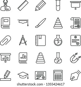 thin line vector icon set - tassel vector, clip, yardstick, calculator, stacking rings, toy, drawing, notebook, square academic hat, round flask, magnet, scribed compasses, pencil, research article