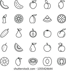 thin line vector icon set - cucumber vector, apple, pear, peach, ripe, red, tasty mulberry, slice of melon, water, mango, loquat, half, tangerine, plum, cherry, lemon, juicy, passion fruit, guava